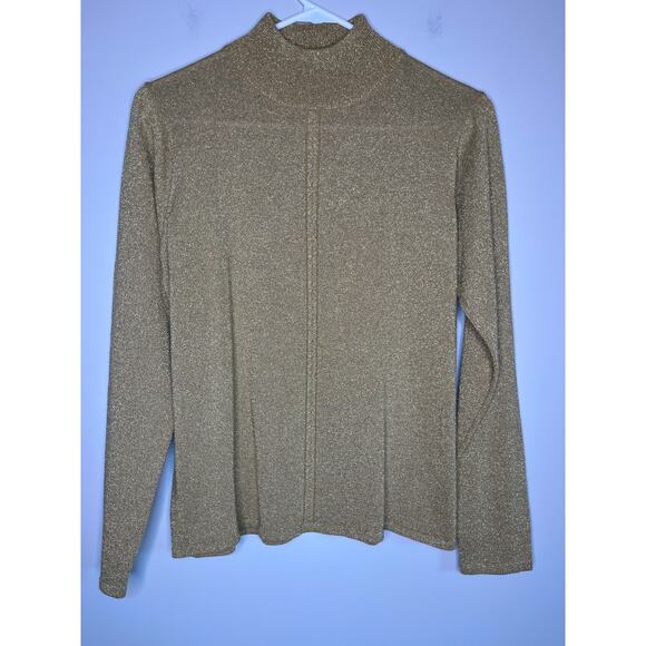 Pendleton Sweaters - 1990s Pendleton Wool Blend Metallic Gold Cable Knit Holiday Mock Neck Sweater M